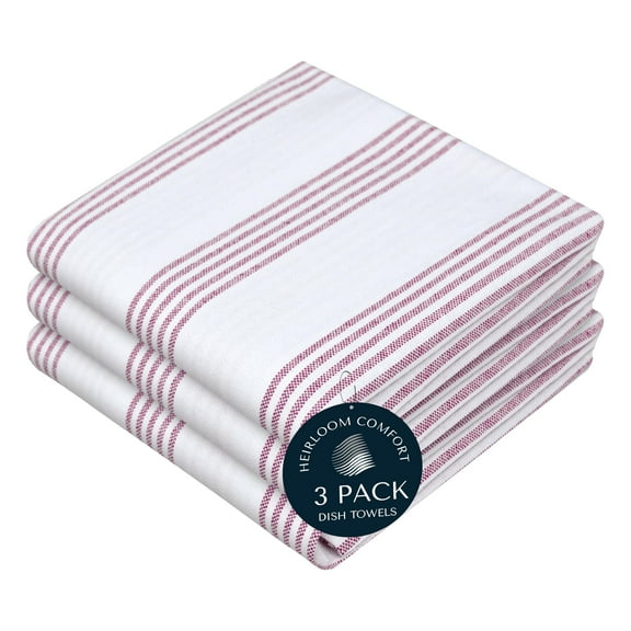 HEIRLOOM COMFORT Burgundy Striped Kitchen Dish Towels (3-Pack), Quick Dry, 18"x26", Ultra Absorbent & Durable, 100% Cotton Multi Pin Stripe Towels for Drying Dishes, Wiping, and Daily Kitchen Cleanup
