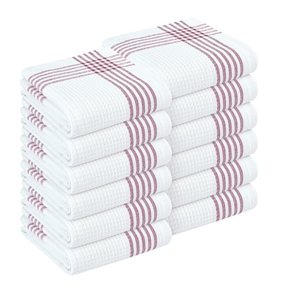 HEIRLOOM COMFORT Burgundy and White Waffle Kitchen Towels 12 Pack, 100% Cotton, 16x26 Inch, Absorbent, Quick Dry, Durable Dishcloths for Wiping, Cleaning, Machine Washable, Kitchen, and Cooking Use