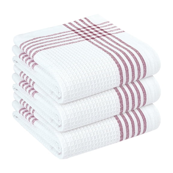 HEIRLOOM COMFORT Burgundy and White Waffle Kitchen Towels 3 Pack, 100% Cotton, 16x26 Inch, Absorbent, Quick Dry, Durable Dishcloths for Wiping, Cleaning, Machine Washable, Kitchen, and Cooking Use