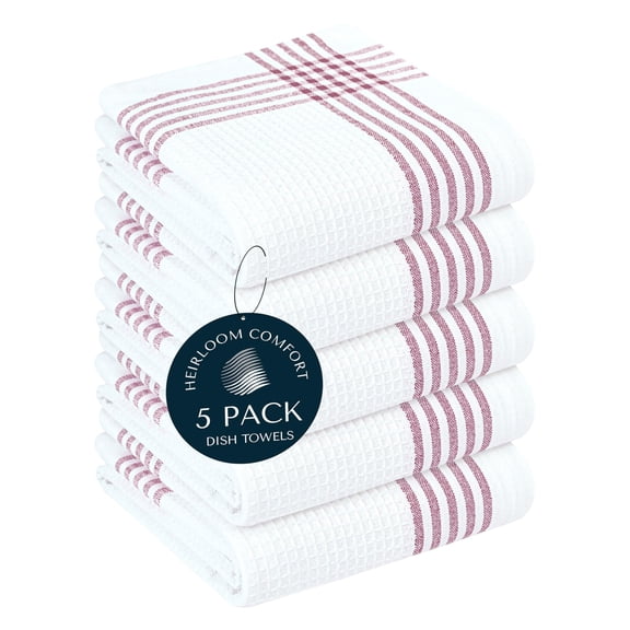 HEIRLOOM COMFORT Burgundy and White Waffle Kitchen Towels 5 Pack, 100% Cotton, 16x26 Inch, Absorbent, Quick Dry, Durable Dishcloths for Wiping, Cleaning, Machine Washable, Kitchen, and Cooking Use