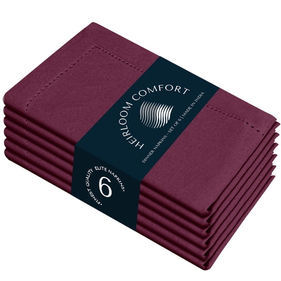 HEIRLOOM COMFORT Hemstitched Cloth Napkins Set of 6, 100% Cotton Napkin, Soft & Reusable Cotton Napkins, Hemstitched Napkin for Dinner, Wedding, Dining, 18" x 18" (Burgundy Wine, Maroon)