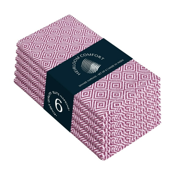 HEIRLOOM COMFORT Burgundy Wine Cloth Napkins Set of 6, 16x16 Inch, 100% Cotton, Diamond Design, Soft, Absorbent & Reusable Fabric Table Linen for Dinner, Luncheon, Holiday, Receptions & Daily Use