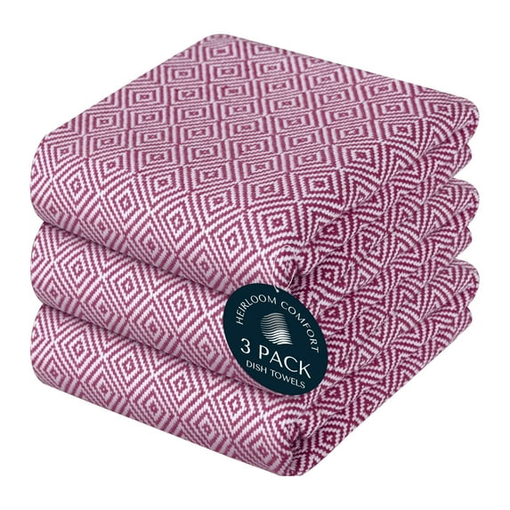HEIRLOOM COMFORT Burgundy Wine Kitchen Towels (3 Pack), 100% Cotton, Diamond Weave Design, Super Absorbent & Durable Dish Cloths, Quick Dry Towel Set for Drying Dishes, Everyday Kitchen Cleaning