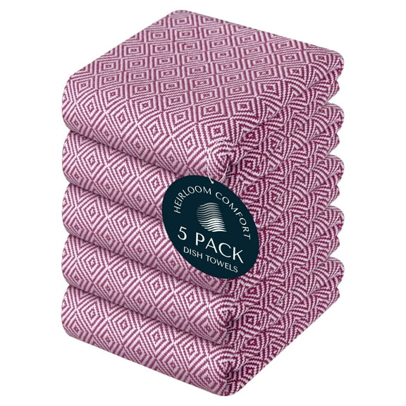 HEIRLOOM COMFORT Burgundy Wine Kitchen Towels (5 Pack), 100% Cotton, Diamond Weave Design, Super Absorbent & Durable Dish Cloths, Quick Dry Towel Set for Drying Dishes, Everyday Kitchen Cleaning