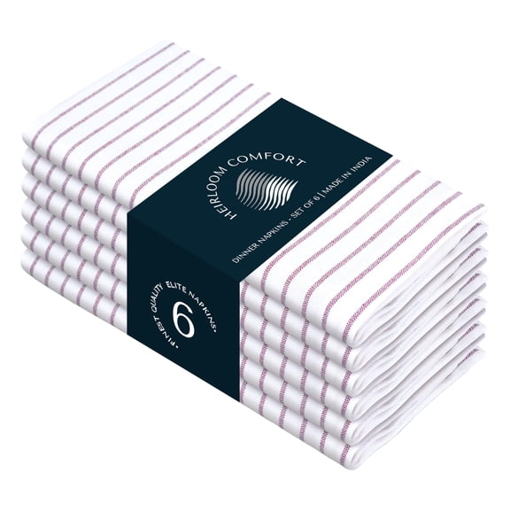 HEIRLOOM COMFORT Burgundy Wine Stripe Cloth Dinner Napkins Set of 6, 18x18 Inch, 100% Cotton, Absorbent, Classic Striped Table Napkin for Wedding Receptions, Reusable for Everyday Table Use