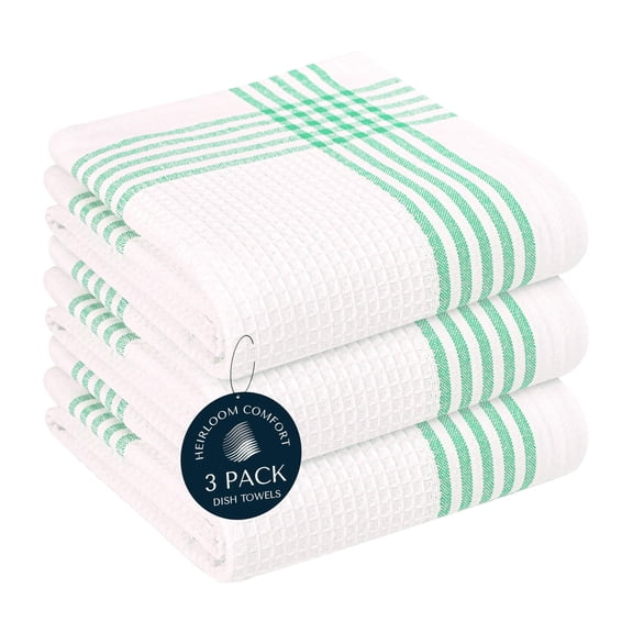 HEIRLOOM COMFORT Dark Green Waffle Weave Kitchen Towels 3 Pack, 100% Cotton, 16x26 Inch, Ultra Absorbent, Quick Dry Dishcloths, Durable & Reusable Dish Towels for Home and Kitchen, Machine Washable