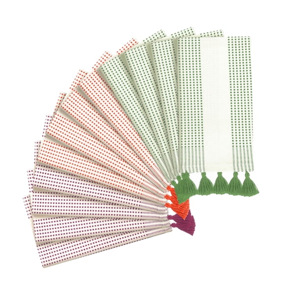 HEIRLOOM COMFORT Decorative Dotted Kitchen Towels 12 Pack, Super Absorbent, 100% Cotton, Fast Dry Towels with Tassels for Everyday Use, Cleaning, and Drying Dishes - Mint Green, Orange, Burgundy
