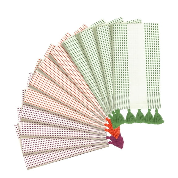 HEIRLOOM COMFORT Decorative Dotted Kitchen Towels 12 Pack, Super Absorbent, 100% Cotton, Fast Dry Towels with Tassels for Everyday Use, Cleaning, and Drying Dishes - Mint Green, Orange, Burgundy