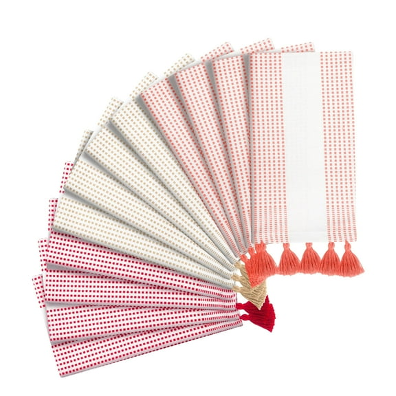 HEIRLOOM COMFORT Decorative Dotted Kitchen Towels 16"x26", 12 Pack, Super Absorbent, 100% Cotton, Fast Dry Towels with Tassels for Everyday Use, Cleaning, and Drying Dishes - Orange, Beige, Red