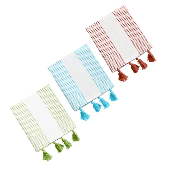 HEIRLOOM COMFORT Decorative Dotted Kitchen Towels 16"x26", 3 Pack, Super Absorbent, 100% Cotton, Fast Dry Towels with Tassels for Everyday Use, Cleaning, and Drying Dishes - Green, Aqua Blue, Rust