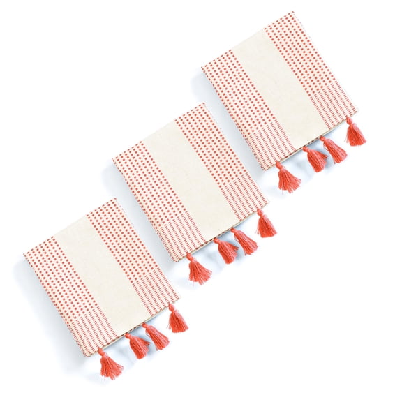 HEIRLOOM COMFORT Decorative Dotted Kitchen Towels 16x26 Inch, 3 Pack, Soft, 100% Cotton, Absorbent, Fast-Dry Dish Towels with Tassels for Everyday Use, Cleaning, and Drying Dishes, Orange & Natural