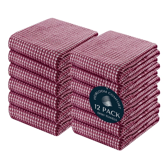 HEIRLOOM COMFORT Dual Tone Waffle Weave Kitchen Towels with Hanging Loop, 12 Pack, 100% Cotton, 16"x26", Super Absorbent, Fast Drying Reversible Dishcloth Set, Soft for Cleaning, Durable, Burgundy