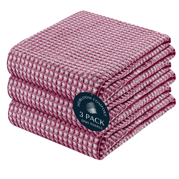 HEIRLOOM COMFORT Dual Tone Waffle Weave Kitchen Towels with Hanging Loop, 3 Pack, 100% Cotton, 16"x26", Super Absorbent, Fast Drying Reversible Dishcloth Set, Soft for Cleaning, Durable, Burgundy