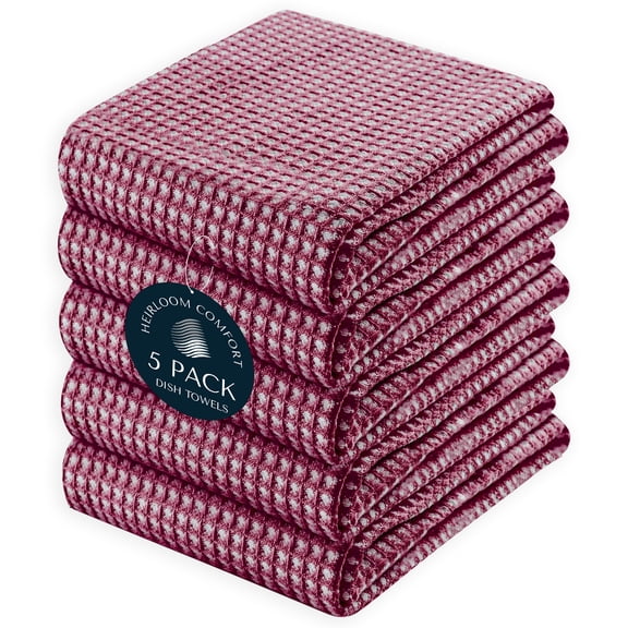 HEIRLOOM COMFORT Dual Tone Waffle Weave Kitchen Towels with Hanging Loop, 5 Pack, 100% Cotton, 16"x26", Super Absorbent, Fast Drying Reversible Dishcloth Set, Soft for Cleaning, Durable, Burgundy