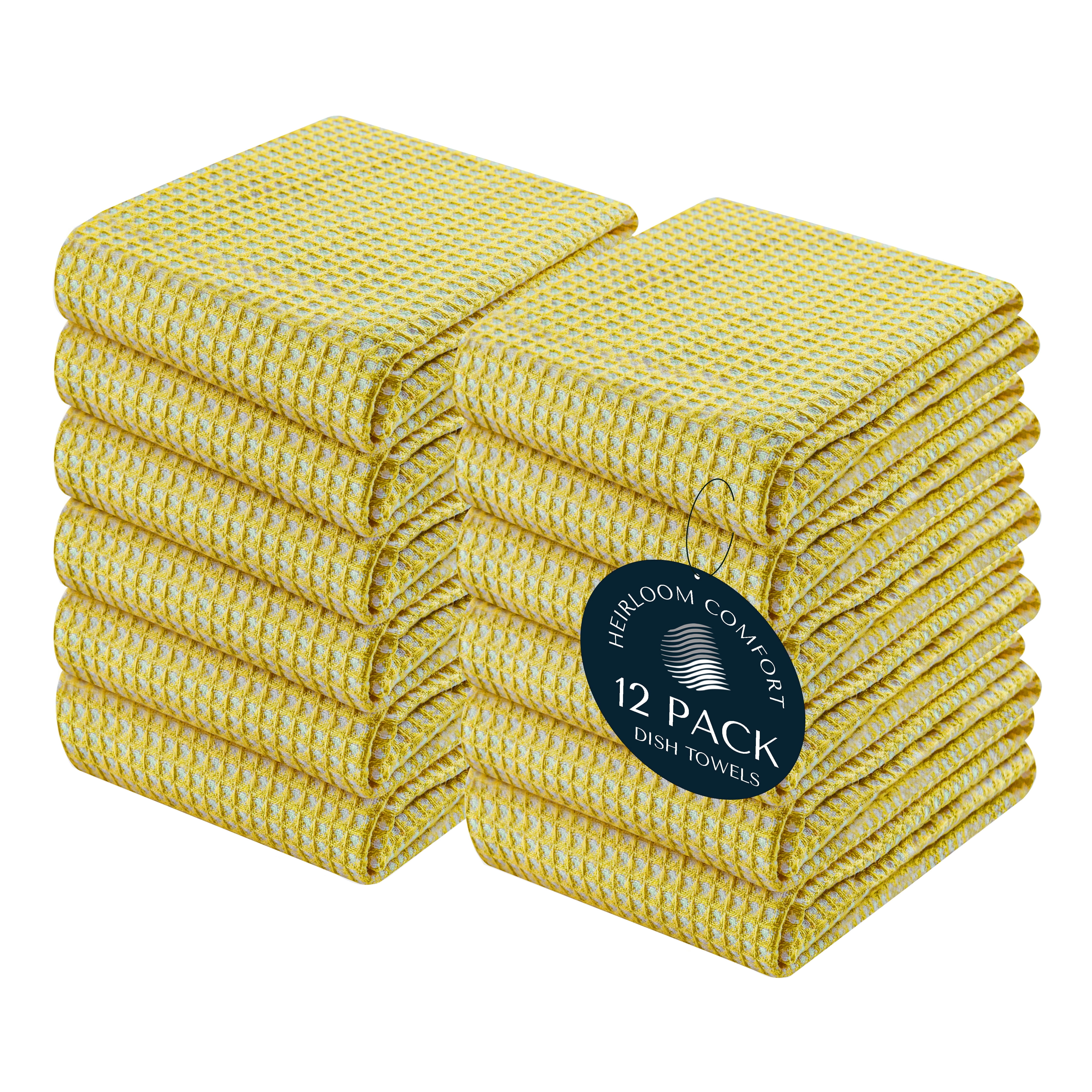 HEIRLOOM COMFORT Dual Waffle Weave Kitchen Towels, 12 Pack, 16x26 Inch, 100% Cotton, Reversible, Super Absorbent, Quick Dry, Soft for Cleaning, Durable Dishcloth Set, Hand Towels, Lemon Yellow