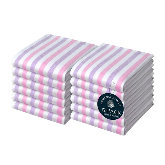 HEIRLOOM COMFORT Fiesta Stripe 100% Cotton Dish Towels Set of 12, Large 18x26 Inch, Quick Dry, Absorbent & Reusable for Cleaning, Cooking, Kitchen Decor, Machine Washable, Rose Pink & Lavender