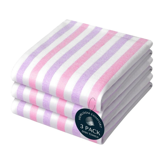 HEIRLOOM COMFORT Fiesta Stripe 100% Cotton Dish Towels Set of 3, Large 18x26 Inch, Quick Dry, Absorbent & Reusable for Cleaning, Cooking, Kitchen Decor, Machine Washable, Rose Pink & Lavender