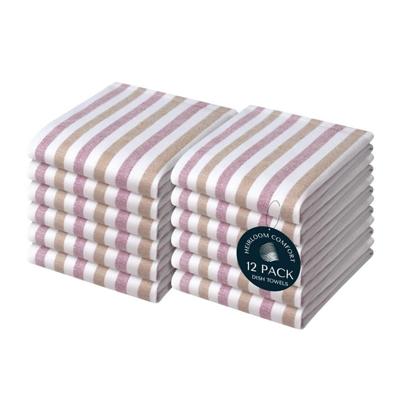 HEIRLOOM COMFORT Fiesta Stripe Dish Towels 12 Pack, 18x26 Inch, 100% Cotton, Absorbent & Durable, Quick Drying Kitchen Towels for Daily Cleaning, Cooking & Baking, Easy Care, Brown & Burgundy