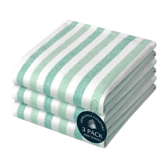 HEIRLOOM COMFORT Fiesta Stripe Dish Towels 3 Pack, 18x26 Inch, 100% Cotton, Ultra Absorbent & Reusable, Quick Drying Kitchen Towels for Cleaning, Cooking, Drying, Easy care, Green Multicolor