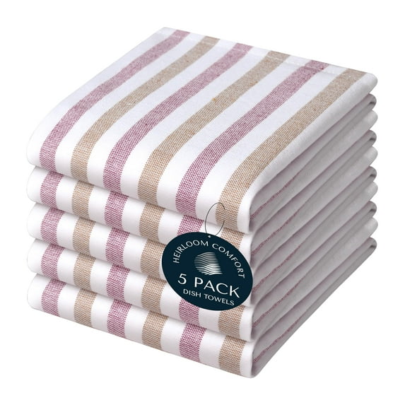 HEIRLOOM COMFORT Fiesta Stripe Dish Towels 5 Pack, 18x26 Inch, 100% Cotton, Absorbent & Durable, Quick Drying Kitchen Towels for Daily Cleaning, Cooking & Baking, Easy Care, Brown & Burgundy