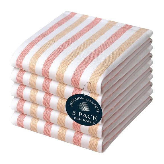 HEIRLOOM COMFORT Fiesta Stripe Kitchen Towels 5 Pack, 18x26 Inch, 100% Cotton, Super Absorbent & Quick Dry, Durable Dish Towel for Drying Dishes, Machine Washable, Everyday Use, Orange & Yellow