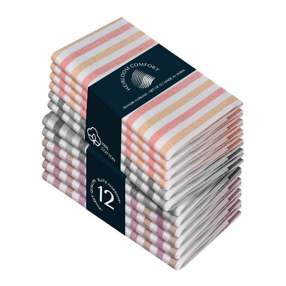 HEIRLOOM COMFORT Fiesta Striped Cloth Napkins Set of 12, 18x18 Inch, 100% Cotton, Reusable & Washable, Durable, Absorbent Napkin for Dinner, Party, Wedding - Orange, Yellow, Grey, Brown, Burgundy
