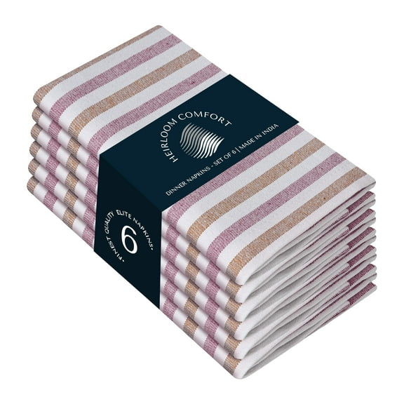 HEIRLOOM COMFORT Fiesta Stripes Reusable Cloth Napkins, 6 Pack, 18x18 Inch, Multicolor Cotton Fabric, Hotel Quality & Soft Table Napkins for Dinner, Holiday, Parties, Outdoor Dining, Brown & Burgundy