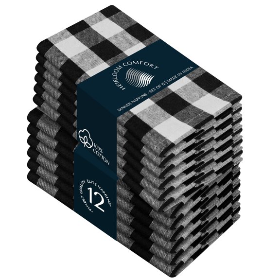 HEIRLOOM COMFORT Gingham Check Cloth Napkins Set of 12, 100% Cotton, 18"x18", Soft, Absorbent, Reusable, Hotel Quality, Washable Fabric for Dinner, Party, Holiday, Everyday Use, Black and White