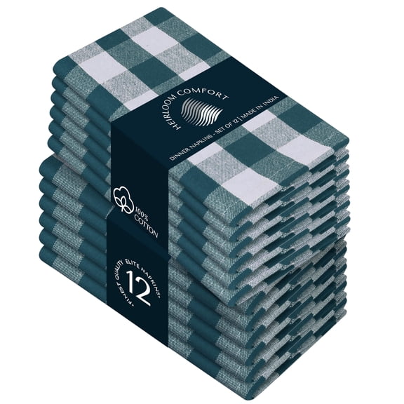 HEIRLOOM COMFORT Cloth Napkins Set of 12, 100% Cotton Napkin, Soft & Reusable Gingham Napkins for Dinner, Wedding, Dining, 18" x 18", Teal Green, White