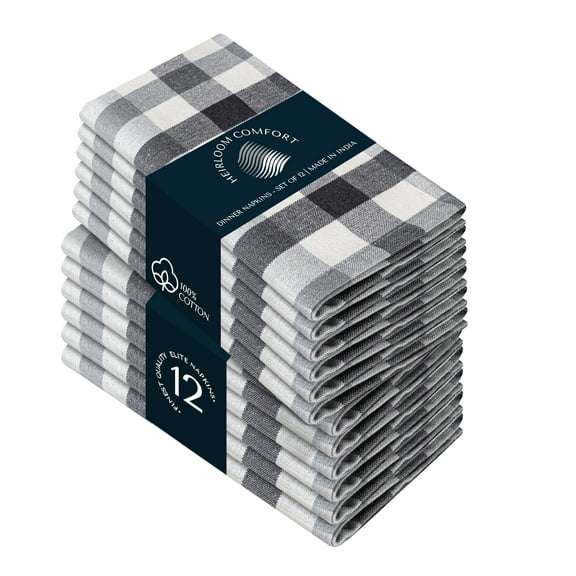 HEIRLOOM COMFORT Gingham Check Cloth Napkins Set of 12, 18x18 Inch, 100% Cotton, Reusable & Washable, Durable, Absorbent Fabric for Dinner Parties, Wedding, Dining Napkin, Multi Grey, Natural