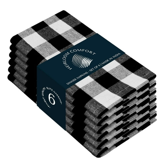HEIRLOOM COMFORT Gingham Check Cloth Napkins Set of 6, 100% Cotton, 18"x18", Soft, Absorbent, Reusable, Hotel Quality, Washable Fabric for Dinner, Party, Holiday, Everyday Use, Black and White