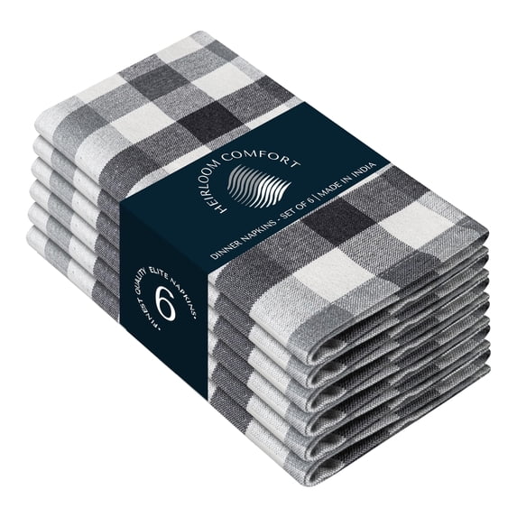 HEIRLOOM COMFORT Cloth Napkins Set of 6, 100% Cotton Napkin, Soft & Reusable Gingham Napkins for Dinner, Wedding, Dining, 18" x 18", Dark Grey, Light Grey, Natural