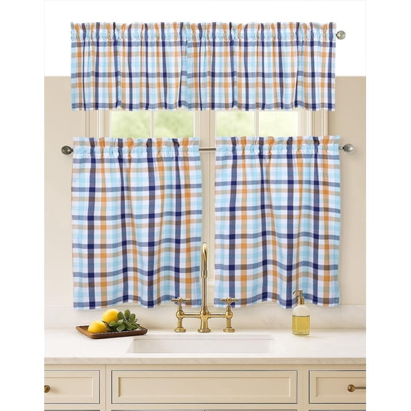 HEIRLOOM COMFORT 100% Cotton 2 Tier (26"x36") & 1 Valance Curtains (54"x18"), Gingham Plaid Checkered Curtains, Semi Sheer Valances for Windows, Bedroom, Kitchen, Living Room Decor, Blue & Yellow
