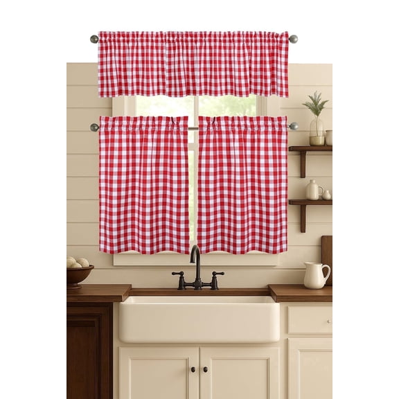 HEIRLOOM COMFORT 100% Cotton 2 Tier (26"x36") & 1 Valance Curtains (54"x18"), Gingham Plaid Checkered Curtains, Semi Sheer Valances for Windows, Bedroom, Kitchen, Living Room Decor, Brown & Yellow