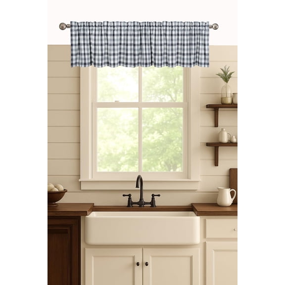 HEIRLOOM COMFORT Gingham Check Kitchen Curtains Set - 2 Tiers 26"x36" & Valance 54"x18", Rod Pocket, Semi Sheer Window Curtains for Kitchen, Bathroom, Living Room - Dark & Light Grey