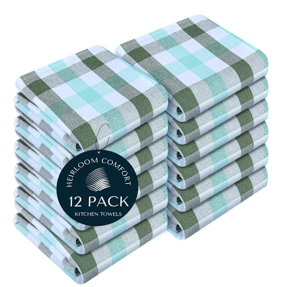 HEIRLOOM COMFORT Gingham Check Kitchen Towels 12 Pack, 18"x26", 100% Cotton, Super Absorbent & Quick Dry, Dish Towel for Drying Dishes, Washable, Everyday Use - Mint Green, Aqua Green, White