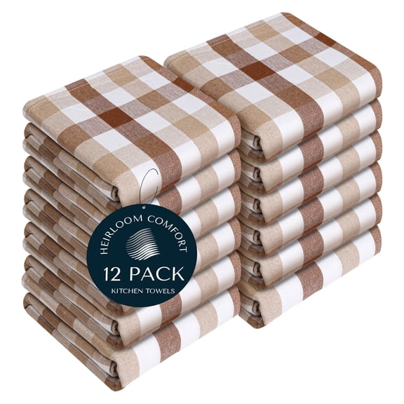 HEIRLOOM COMFORT Gingham Check Kitchen Towels 12 Pack, 18"x26", 100% Cotton, Super Absorbent & Quick Dry, Durable Dish Towel for Drying Dishes, Machine Washable, Everyday Use - Brown, Beige, White