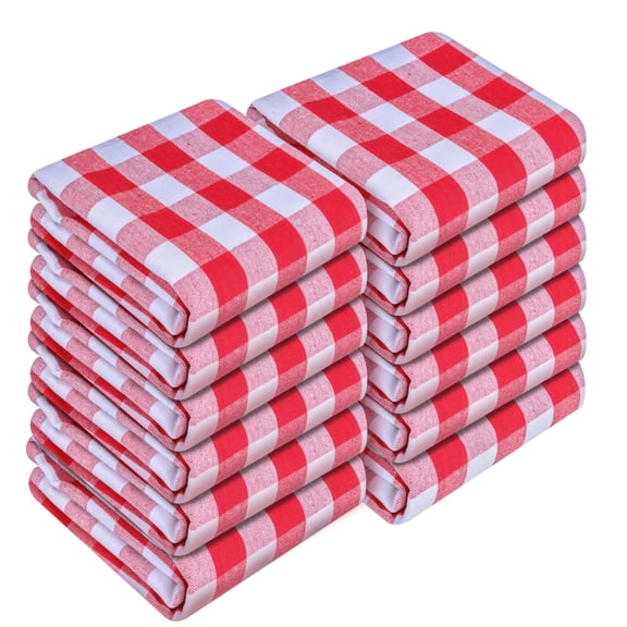 HEIRLOOM COMFORT Gingham Check Kitchen Towels 12 Pack, 18"x26", 100% Cotton, Super Absorbent & Quick Dry, Durable Dish Towel for Drying Dishes, Machine Washable, Everyday Use - Red, White