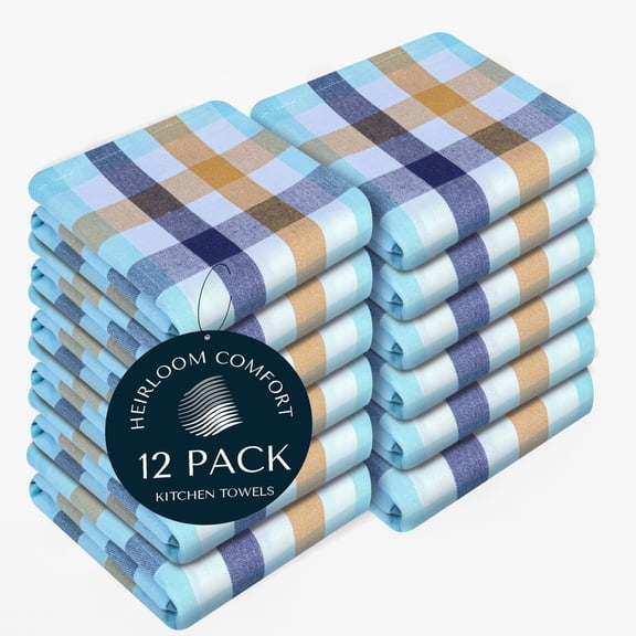 HEIRLOOM COMFORT Gingham Check Kitchen Towels 12 Pack, 18"x26", 100% Cotton, Super Absorbent & Quick Dry, Washable Dish Towel for Drying Dishes- Indigo Blue, Mustard Yellow, Aqua Blue, White