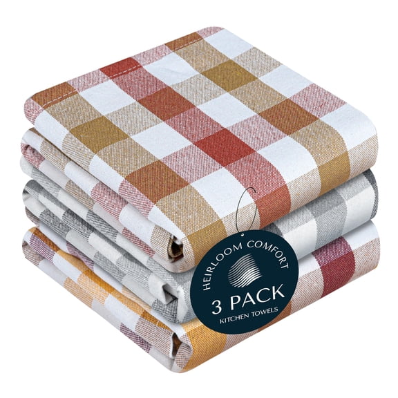 HEIRLOOM COMFORT 100% Cotton Kitchen Towels Set of 3, Gingham Checkered, Soft, Quick Drying, Absorbent & Reusable Dish Cloths, Washing & Cleaning Rags, 16" x 26", Rust & Tan, Grey, Burgundy & Brown