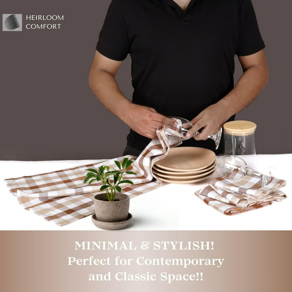 HEIRLOOM COMFORT Gingham Check Kitchen Towels 3 Pack, 18"x26", 100% Cotton, Super Absorbent & Quick Dry, Durable Dish Towel for Drying Dishes, Machine Washable, Everyday Use - Brown, Beige, White