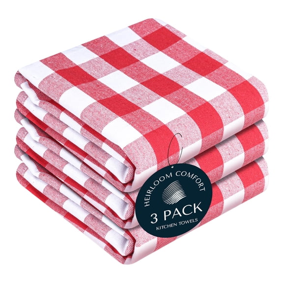 HEIRLOOM COMFORT Gingham Check Kitchen Towels 3 Pack, 18"x26", 100% Cotton, Super Absorbent & Quick Dry, Durable Dish Towel for Drying Dishes, Machine Washable, Everyday Use - Red, White