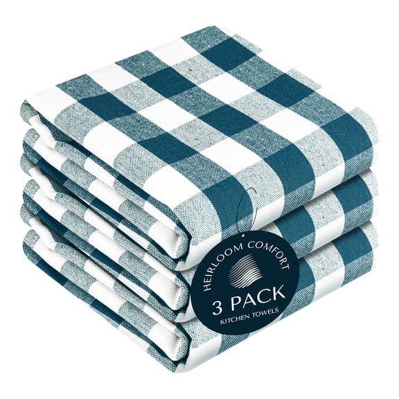HEIRLOOM COMFORT Gingham Check Kitchen Towels 3 Pack, 18"x26", 100% Cotton, Super Absorbent & Quick Dry, Durable Dish Towel for Drying Dishes, Machine Washable, Everyday Use - Teal, White