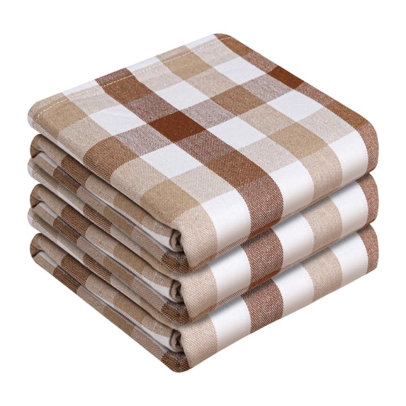HEIRLOOM COMFORT Gingham Check Kitchen Towels 3 Pack, 18"x26", 100% Cotton, Super Absorbent & Quick Dry, Durable Dish Towel for Drying Dishes, Machine Washable, Everyday Use - Brown, Beige, White