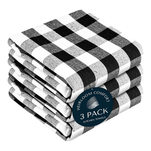 HEIRLOOM COMFORT Gingham Check Kitchen Towels 3 Pack, 18"x26", 100% Cotton, Super Absorbent & Quick Dry, Durable Dish Towel for Drying Dishes, Machine Washable, Everyday Use - Black, White