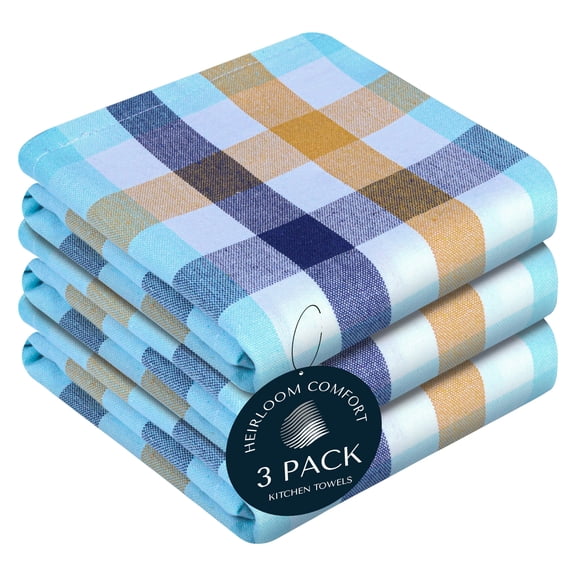 HEIRLOOM COMFORT Gingham Check Kitchen Towels 3 Pack, 18"x26", 100% Cotton, Super Absorbent & Quick Dry, Washable Dish Towel for Drying Dishes- Indigo Blue, Mustard Yellow, Aqua Blue, White