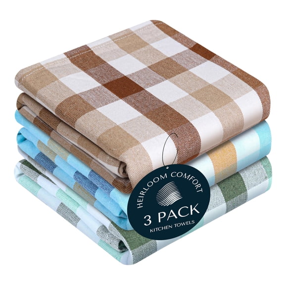 HEIRLOOM COMFORT Gingham Check Kitchen Towels 3 Pack, 18"x26", 100% Cotton, Super Absorbent, Quick Dry, Washable Dish Towel - Mint & Aqua Green, Indigo Blue, Mustard Yellow, Brown, Beige
