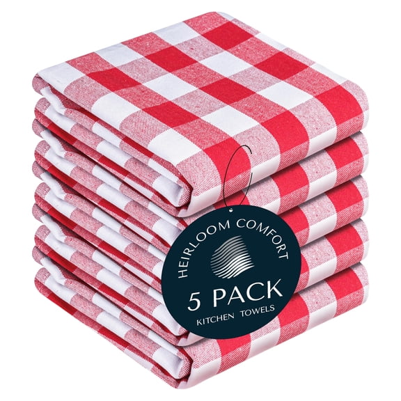 HEIRLOOM COMFORT Gingham Check Kitchen Towels 5 Pack, 18"x26", 100% Cotton, Super Absorbent & Quick Dry, Durable Dish Towel for Drying Dishes, Machine Washable, Everyday Use - Red, White