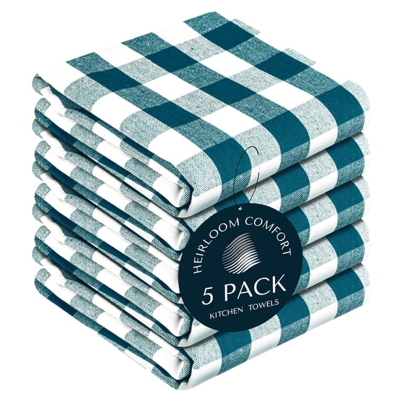 HEIRLOOM COMFORT Gingham Check Kitchen Towels 5 Pack, 18"x26", 100% Cotton, Super Absorbent & Quick Dry, Durable Dish Towel for Drying Dishes, Machine Washable, Everyday Use - Teal, White