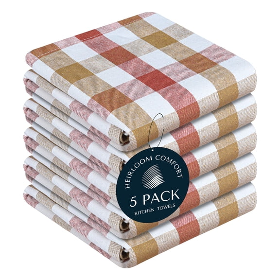 HEIRLOOM COMFORT Gingham Check Kitchen Towels 5 Pack, 18"x26", 100% Cotton, Super Absorbent & Quick Dry, Durable Dish Towel for Drying Dishes, Machine Washable, Everyday Use - Rust, Khaki, Natural